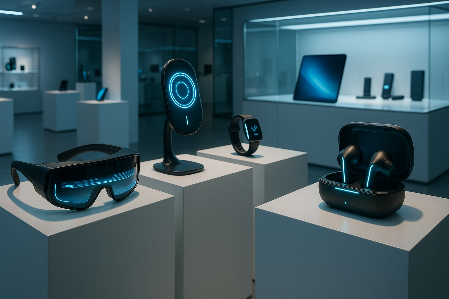 Display of futuristic gadgets (such as smart AI googles, smart AI earbuds, smart AI charging stations, and other futuristic consumer electronics) in a modern showroom